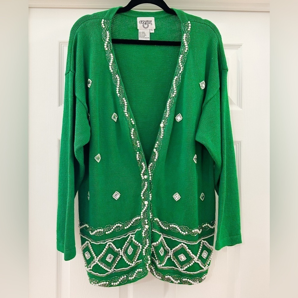 Cervelle Vintage Beaded Pearl Embellished V Neck Cardigan Sweater Kelly Green